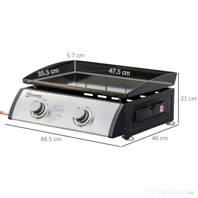 Gratar cu gaz si 2 arzatoare Outsunny, picioare reglabile, 6kW, 48.5x46x21cm, negru | Aosom Romania