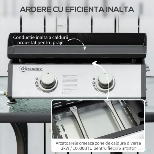 Gratar cu gaz si 2 arzatoare Outsunny, picioare reglabile, 6kW, 48.5x46x21cm, negru | Aosom Romania