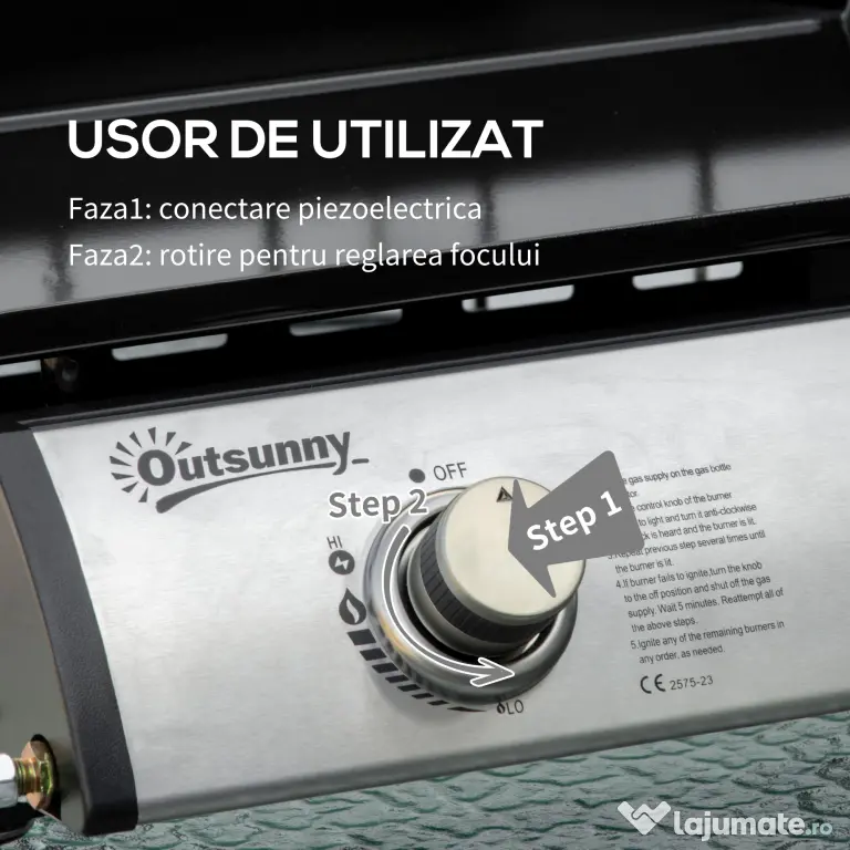 Gratar cu gaz si 2 arzatoare Outsunny, picioare reglabile, 6kW, 48.5x46x21cm, negru | Aosom Romania