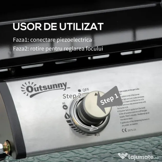 Gratar cu gaz si 2 arzatoare Outsunny, picioare reglabile, 6kW, 48.5x46x21cm, negru | Aosom Romania
