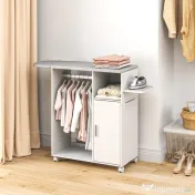 HOMCOM Dulap Multifuncțional cu Masă de Călcat | Blat din Tesatura Efect In | 3 Rafturi | Ghidaj pentru Agățat | 127x42.5x99 cm | Alb | Aosom Romania