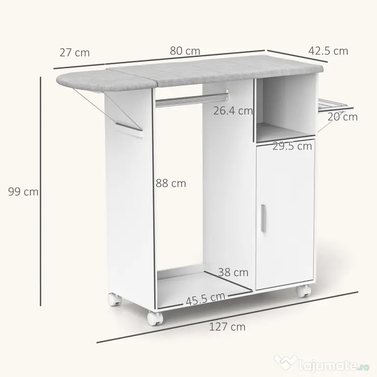 HOMCOM Dulap Multifuncțional cu Masă de Călcat | Blat din Tesatura Efect In | 3 Rafturi | Ghidaj pentru Agățat | 127x42.5x99 cm | Alb | Aosom Romania
