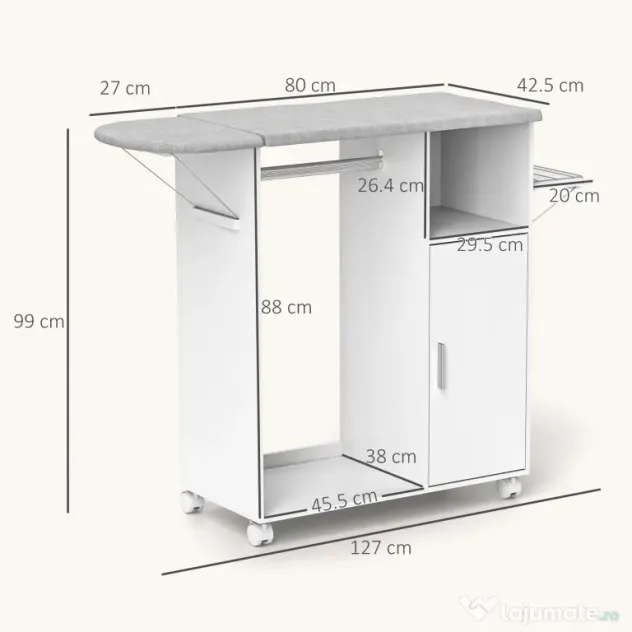 HOMCOM Dulap Multifuncțional cu Masă de Călcat | Blat din Tesatura Efect In | 3 Rafturi | Ghidaj pentru Agățat | 127x42.5x99 cm | Alb | Aosom Romania