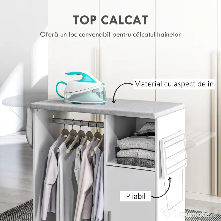 HOMCOM Dulap Multifuncțional cu Masă de Călcat | Blat din Tesatura Efect In | 3 Rafturi | Ghidaj pentru Agățat | 127x42.5x99 cm | Alb | Aosom Romania