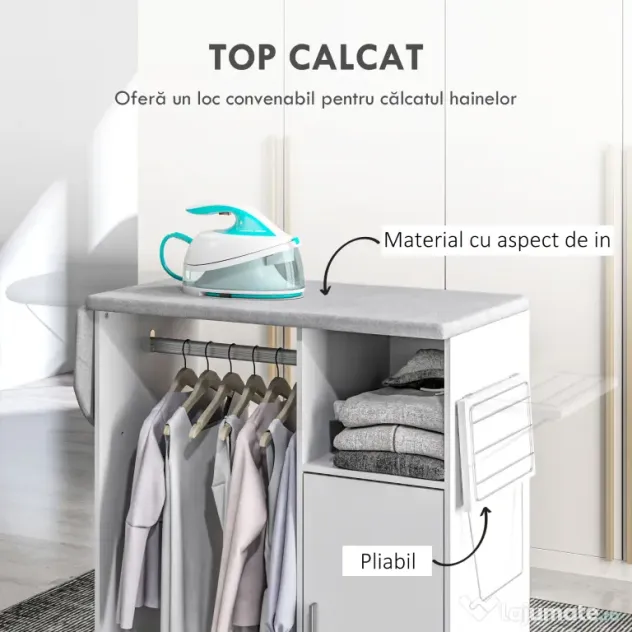 HOMCOM Dulap Multifuncțional cu Masă de Călcat | Blat din Tesatura Efect In | 3 Rafturi | Ghidaj pentru Agățat | 127x42.5x99 cm | Alb | Aosom Romania