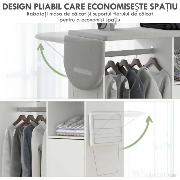 HOMCOM Dulap Multifuncțional cu Masă de Călcat | Blat din Tesatura Efect In | 3 Rafturi | Ghidaj pentru Agățat | 127x42.5x99 cm | Alb | Aosom Romania