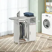 HOMCOM Dulap Multifuncțional cu Masă de Călcat | Blat din Tesatura Efect In | 3 Rafturi | Ghidaj pentru Agățat | 127x42.5x99 cm | Alb | Aosom Romania