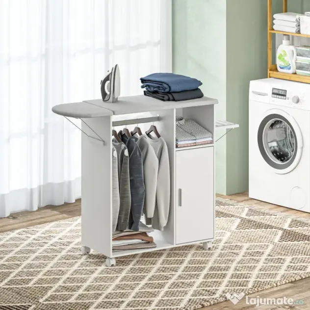 HOMCOM Dulap Multifuncțional cu Masă de Călcat | Blat din Tesatura Efect In | 3 Rafturi | Ghidaj pentru Agățat | 127x42.5x99 cm | Alb | Aosom Romania