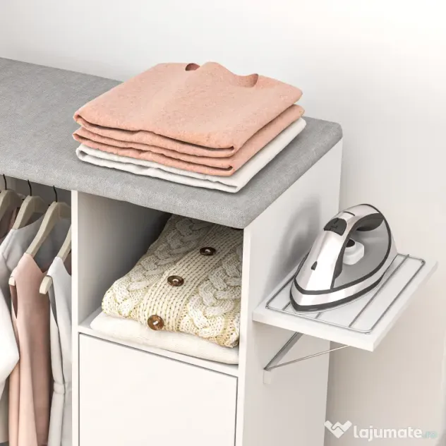 HOMCOM Dulap Multifuncțional cu Masă de Călcat | Blat din Tesatura Efect In | 3 Rafturi | Ghidaj pentru Agățat | 127x42.5x99 cm | Alb | Aosom Romania