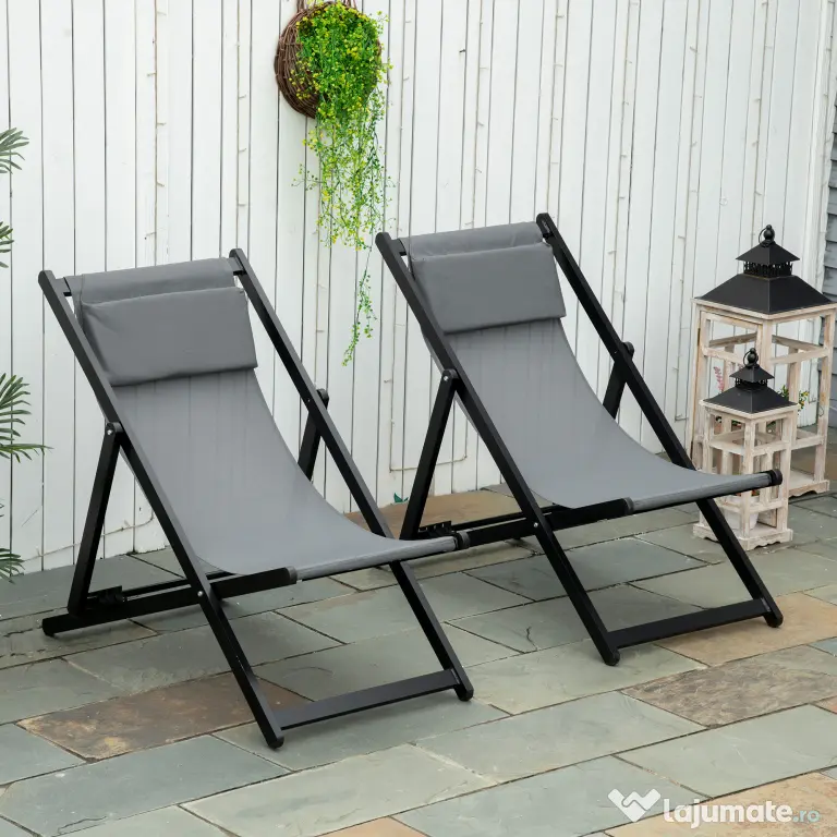 Outsunny Set 2 Scaune Fotoliu Sezlong pentru Exterior, Pliabile si Rabatabile, din Aluminiu, Gri, 96.5 x 58 x 91.5cm | Aosom Romania