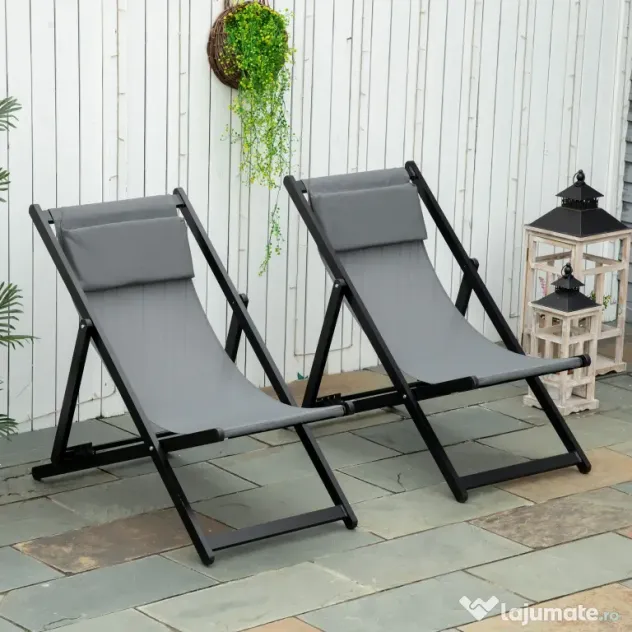 Outsunny Set 2 Scaune Fotoliu Sezlong pentru Exterior, Pliabile si Rabatabile, din Aluminiu, Gri, 96.5 x 58 x 91.5cm | Aosom Romania