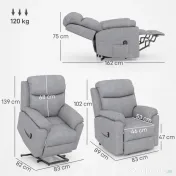 HOMCOM Fotoliu Rabatabil cu Suport pentru Picioare, Ridicare Electrică și Telecomandă, din Poliester cu Efect de In, 83x89x102 cm, Gri | Aosom Romania 