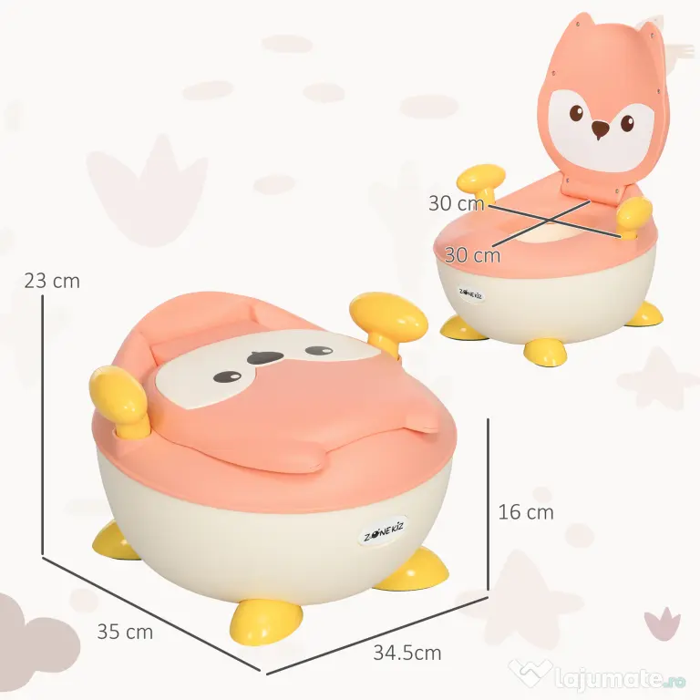 ZONEKIZ Oliță pentru Copii cu Spătar și Design de Vulpe, Toaletă pentru Copii cu Capac cu Vas Detașabil și Cotiere, 34.5x35x23 cm, Roz