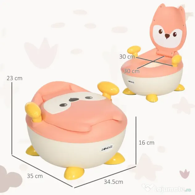 ZONEKIZ Oliță pentru Copii cu Spătar și Design de Vulpe, Toaletă pentru Copii cu Capac cu Vas Detașabil și Cotiere, 34.5x35x23 cm, Roz