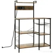 HOMCOM Raft de Bucatarie cu Prize Mutiple, Dulap Bucatarie pentru Microunde cu Rafturi si Cos din Sarma Stil Industrial, 90x42x130cm, Maro 