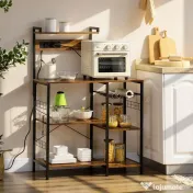 HOMCOM Raft de Bucatarie cu Prize Mutiple, Dulap Bucatarie pentru Microunde cu Rafturi si Cos din Sarma Stil Industrial, 90x42x130cm, Maro 