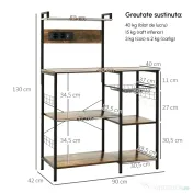 HOMCOM Raft de Bucatarie cu Prize Mutiple, Dulap Bucatarie pentru Microunde cu Rafturi si Cos din Sarma Stil Industrial, 90x42x130cm, Maro 