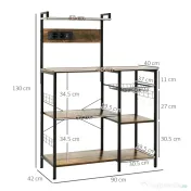 HOMCOM Raft de Bucatarie cu Prize Mutiple, Dulap Bucatarie pentru Microunde cu Rafturi si Cos din Sarma Stil Industrial, 90x42x130cm, Maro 