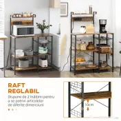 HOMCOM Raft de Bucatarie cu Prize Mutiple, Dulap Bucatarie pentru Microunde cu Rafturi si Cos din Sarma Stil Industrial, 90x42x130cm, Maro 