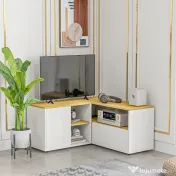 Dulap TV în formă de L pentru televizor de 40" cu 3 rafturi deschise și 2 dulapuri, din PAL, 90x90x45 cm, stejar și alb HOMCOM | Aosom RO 