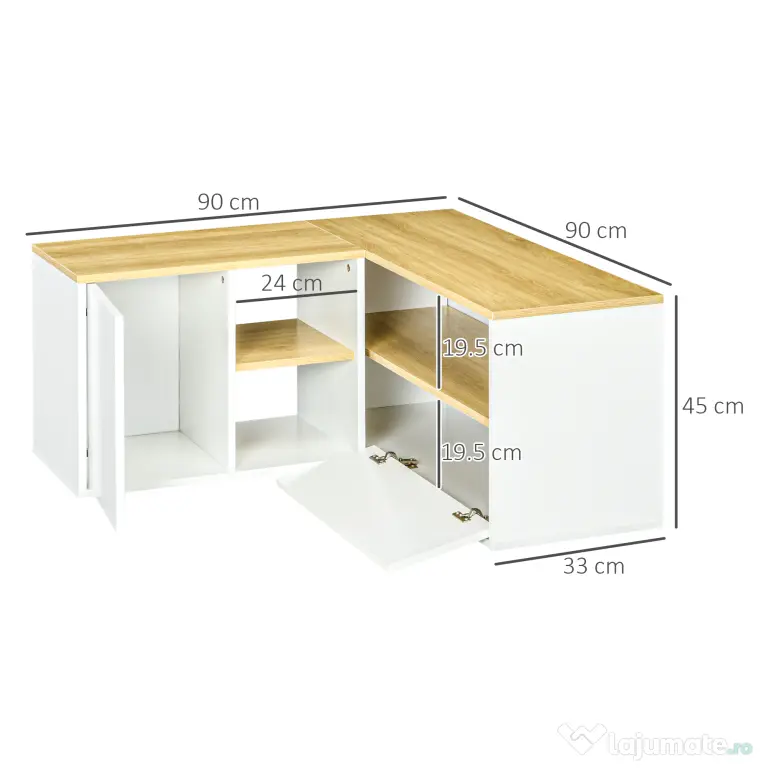 Dulap TV în formă de L pentru televizor de 40" cu 3 rafturi deschise și 2 dulapuri, din PAL, 90x90x45 cm, stejar și alb HOMCOM | Aosom RO