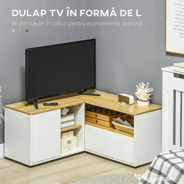 Dulap TV în formă de L pentru televizor de 40" cu 3 rafturi deschise și 2 dulapuri, din PAL, 90x90x45 cm, stejar și alb HOMCOM | Aosom RO
