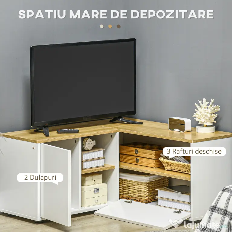 Dulap TV în formă de L pentru televizor de 40" cu 3 rafturi deschise și 2 dulapuri, din PAL, 90x90x45 cm, stejar și alb HOMCOM | Aosom RO
