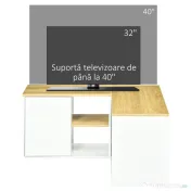 Dulap TV în formă de L pentru televizor de 40" cu 3 rafturi deschise și 2 dulapuri, din PAL, 90x90x45 cm, stejar și alb HOMCOM | Aosom RO 