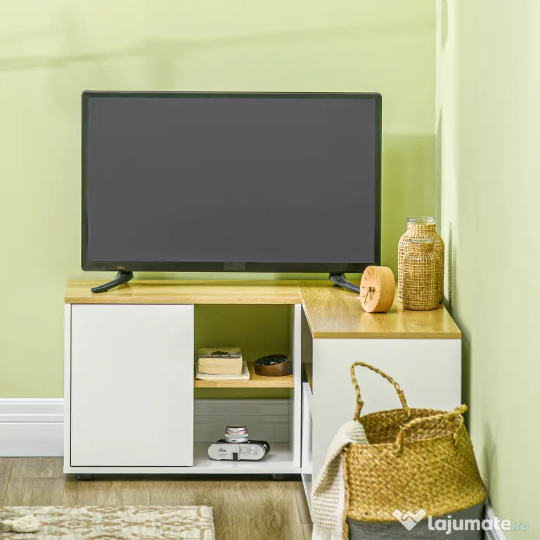 Dulap TV în formă de L pentru televizor de 40" cu 3 rafturi deschise și 2 dulapuri, din PAL, 90x90x45 cm, stejar și alb HOMCOM | Aosom RO