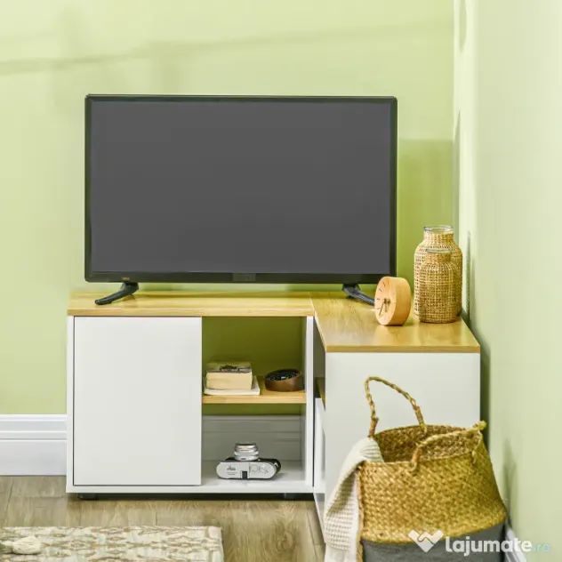 Dulap TV în formă de L pentru televizor de 40" cu 3 rafturi deschise și 2 dulapuri, din PAL, 90x90x45 cm, stejar și alb HOMCOM | Aosom RO