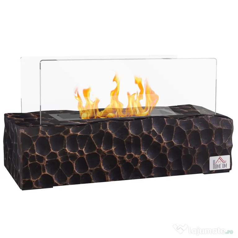 HOMCOM Șemineu pe Bioetanol de Masă cu Arzător de 1,15L și Panou din Sticlă, 33x16x18cm, Negru