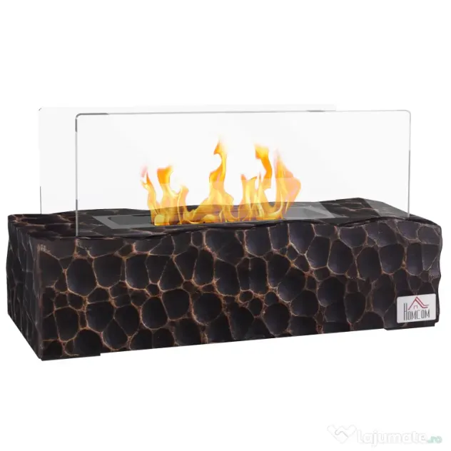 HOMCOM Șemineu pe Bioetanol de Masă cu Arzător de 1,15L și Panou din Sticlă, 33x16x18cm, Negru