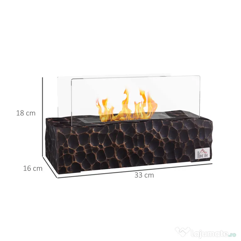 HOMCOM Șemineu pe Bioetanol de Masă cu Arzător de 1,15L și Panou din Sticlă, 33x16x18cm, Negru