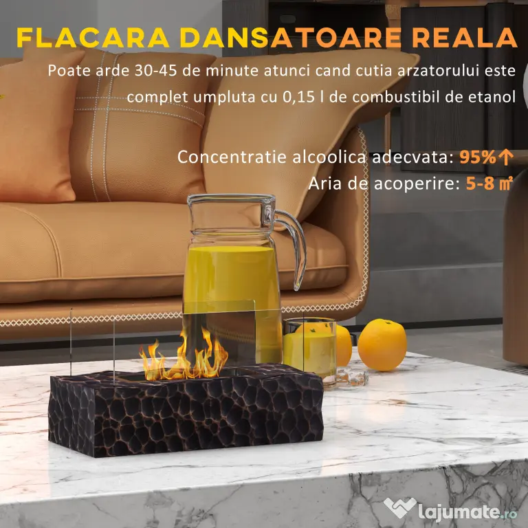 HOMCOM Șemineu pe Bioetanol de Masă cu Arzător de 1,15L și Panou din Sticlă, 33x16x18cm, Negru