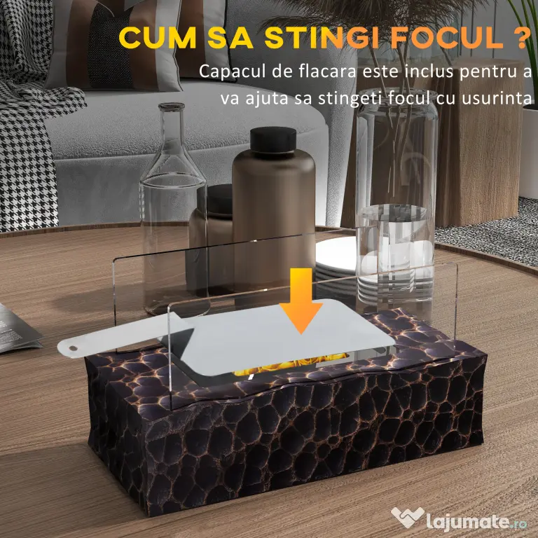 HOMCOM Șemineu pe Bioetanol de Masă cu Arzător de 1,15L și Panou din Sticlă, 33x16x18cm, Negru
