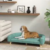 PawHut Canapea Elegantă pentru Animale de Companie, Pat Înălțat cu Pernă Moale, Cadru din Lemn, Verde, 98x67x25cm | Aosom Romania 