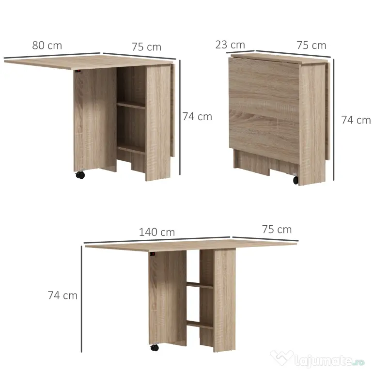 HOMCOM Masă Pliabilă Multifuncțională, Rafturi și Rotile, Bucătărie, Design Compact | Aosom Romania