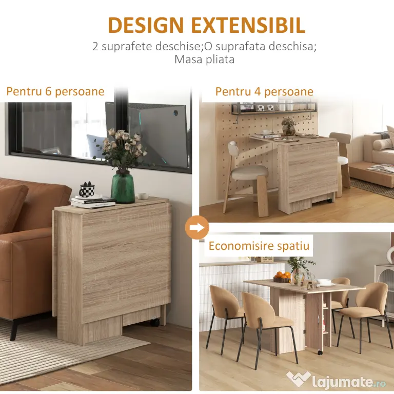 HOMCOM Masă Pliabilă Multifuncțională, Rafturi și Rotile, Bucătărie, Design Compact | Aosom Romania