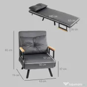 HOMCOM Canapea Extensibilă cu Spătar Reglabil pe 5 Nivele, Canapea Pat Individuală Pliabilă cu Perne, 63x73x81 cm, Gri | Aosom Romania 
