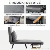 HOMCOM Canapea Extensibilă cu Spătar Reglabil pe 5 Nivele, Canapea Pat Individuală Pliabilă cu Perne, 63x73x81 cm, Gri | Aosom Romania 