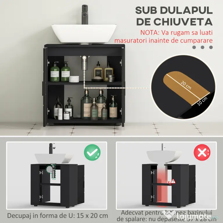 Mobilier de baie cu dulap cu 2 uși, Mobilier de baie din lemn cu poliță reglabilă, 60x30x60cm negru kleankin | Aosom Romania
