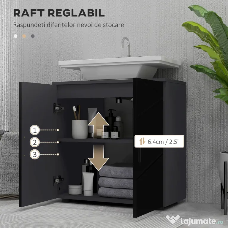 Mobilier de baie cu dulap cu 2 uși, Mobilier de baie din lemn cu poliță reglabilă, 60x30x60cm negru kleankin | Aosom Romania