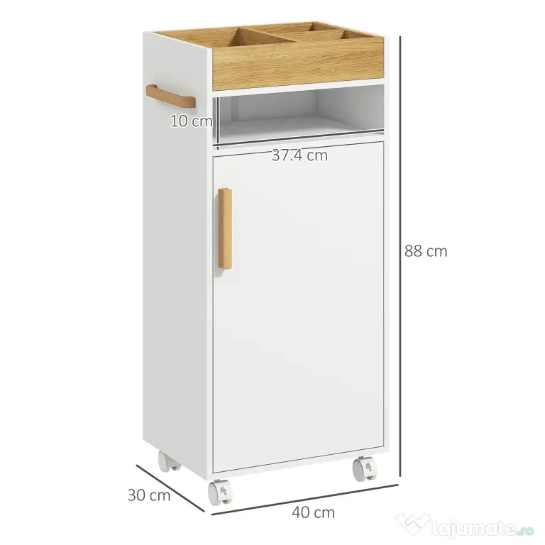 Dulap de Baie cu Roti si Tava Detasabila, Dulap Mobil de Depozitare cu Usa si Raft Reglabil, 40x30x88cm Alb kleankin | Aosom Romania