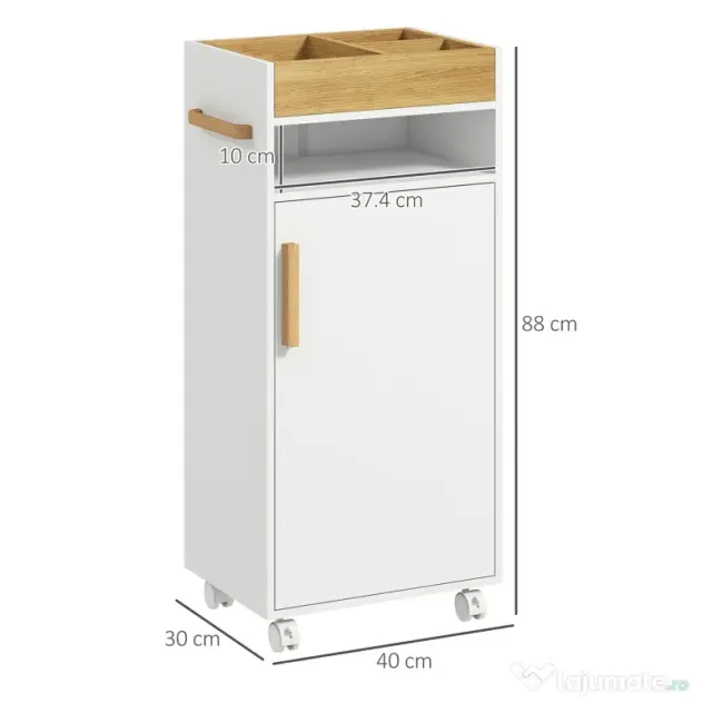 Dulap de Baie cu Roti si Tava Detasabila, Dulap Mobil de Depozitare cu Usa si Raft Reglabil, 40x30x88cm Alb kleankin | Aosom Romania