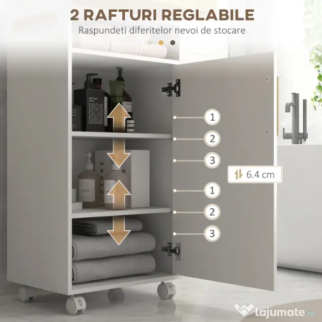 Dulap de Baie cu Roti si Tava Detasabila, Dulap Mobil de Depozitare cu Usa si Raft Reglabil, 40x30x88cm Alb kleankin | Aosom Romania