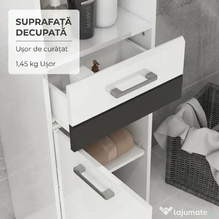 Dulap de Podea cu Luciu Inalt pentru Baie, Dulap de Depozitare Independent cu Usi, Sertar si Rafturi Reglabile, Alb kleankin | Aosom Romania
