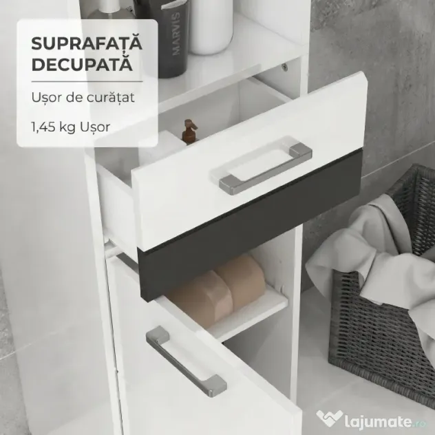 Dulap de Podea cu Luciu Inalt pentru Baie, Dulap de Depozitare Independent cu Usi, Sertar si Rafturi Reglabile, Alb kleankin | Aosom Romania