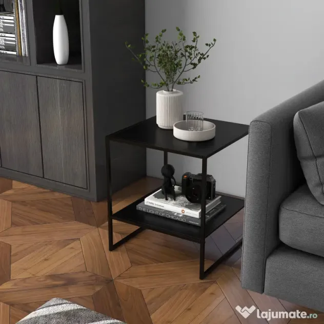 HOMCOM Masa Laterala, Masa de Capat Industriala cu Depozitare pe 2 Nivele, Masa de Efect Clasic cu Cadru din Otel, Negru