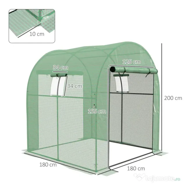 Outsunny Seră Tip Tunel din Polietilenă Cu Uși și Ferestre din Plasă, Cort cu Capac din PE și Cadru de Oțel, Verde 1,8x1,8x2 m | Aosom Romania