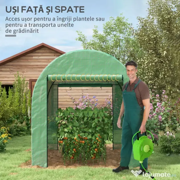 Outsunny Seră Tip Tunel din Polietilenă Cu Uși și Ferestre din Plasă, Cort cu Capac din PE și Cadru de Oțel, Verde 1,8x1,8x2 m | Aosom Romania